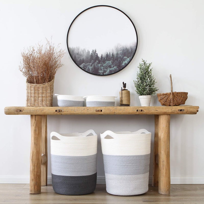 Sea Team Large Size Cotton Rope Woven Storage Basket with Handles, Laundry Hamper, Fabric Bucket, Drum, Clothes Toys Organizer for Kid's Room, 20 x 14 inches, Round Open Design, White & Mottled Grey - Image 2